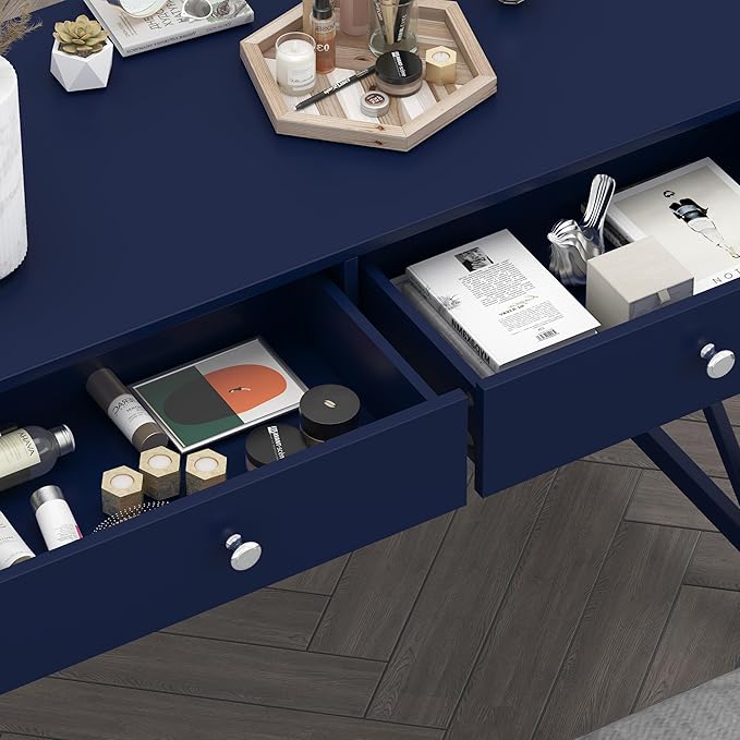WiberWi Home Office Desk with Drawers, Modern Writing Computer Desk for Bedroom, Small Navy Makeup Vanity Table Study Table