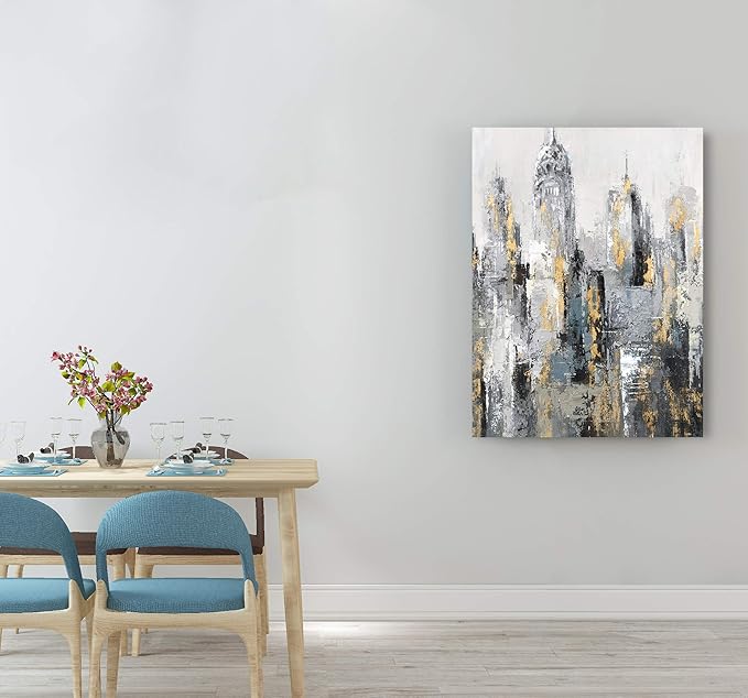 Yihui Arts Modern Large Abstract Cityscape Canvas Wall Art Painting with Gold Foil for Living Room Decoration