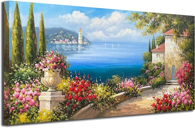 Arjun Landscape Wall Art Mediterranean Seascape Painting Tree Pink Flower Blue Ocean Picture Modern Scenery Green Artwork Large Framed for Living Room Bedroom Bathroom Home Office Wall Decor, 48"x24"