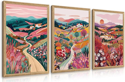 Hianan Colorful Boho Landscape Wall Art, Nature Watercolor Floral Wall Decor, Bright Mountain Water Canvas Painting, Modern Sunsets Landscape Poster Print For Living Room Bedroom Wood Framed 16"x24"x3