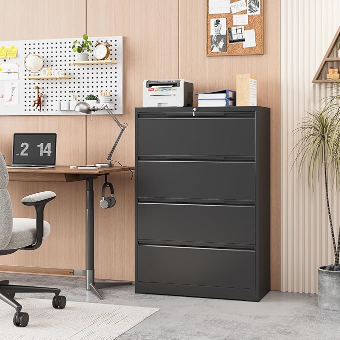 4-Drawer Metal File Cabinet with Lock,Steel Printer Stand with Storage for Home Office,Lateral Filing Cabinet for Legal/Letter/A4 Files,Assembly Required(35.43''W-4 Drawers,Black)