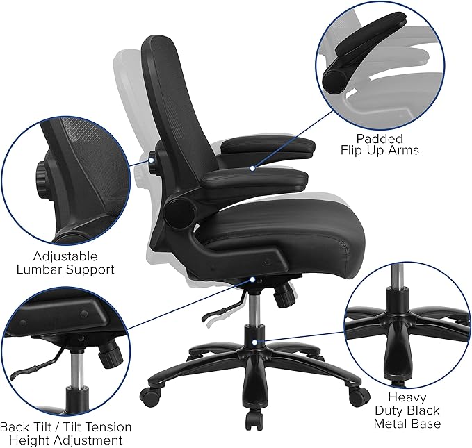 Flash Furniture Big & Tall Swivel Office and Gaming Chair with LeatherSoft Seat, Mesh Office Chair with Flip-Up Armrests and Adjustable Height, Black