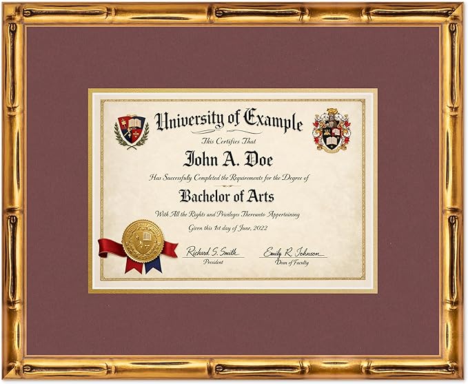 CountryArtHouse Diploma Frame Fits 11.69 x 8.27 A4 Certificate - Keepsake Graduation Display Gold Bamboo Genuine Hardwood with Dark Red Over Metallic Gold Double mat