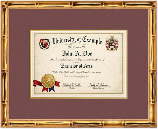 CountryArtHouse Diploma Frame Fits 11.69 x 8.27 A4 Certificate - Keepsake Graduation Display Gold Bamboo Genuine Hardwood with Dark Red Over Metallic Gold Double mat