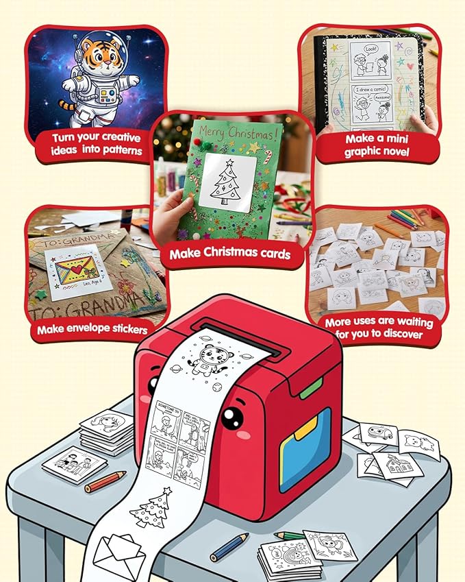 Smart AI Voice Sticker Printer Box, Magic Thermal Sticker Maker with Display, Inkless Portable Sticker Box for Home, Office, Study & DIY Projects, 5 Rolls Paper Included