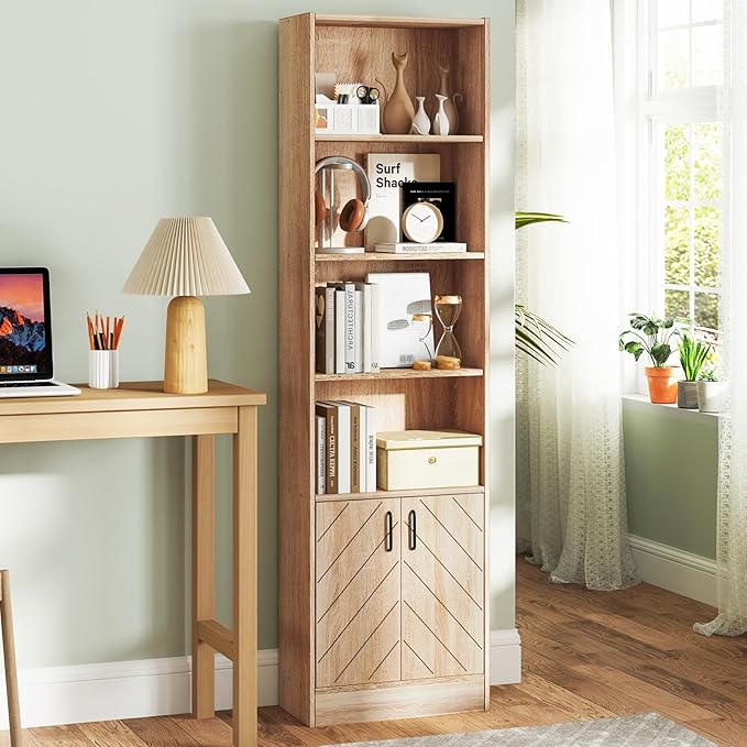 Giantex 6-Tier Bookshelf with Doors Set of 2, 71" Tall Bookcase w/ 4 Open Cubes & 3 Adjustable Shelves, Mid Century Display Cabinet, Modern Floor Storage Organizer for Living Room, Study, Oak