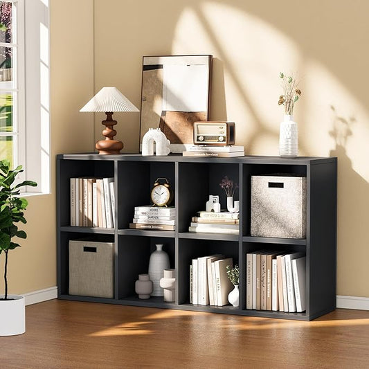 YESHOMY 8 Cube Storage Organizer, Open Frame 2-Tier Bookshelf, Organizer with Adjustable Shelves, Display Storage Bookcase for Living Room, Bedroom, Entrance Hall, Home Office, Modern Black