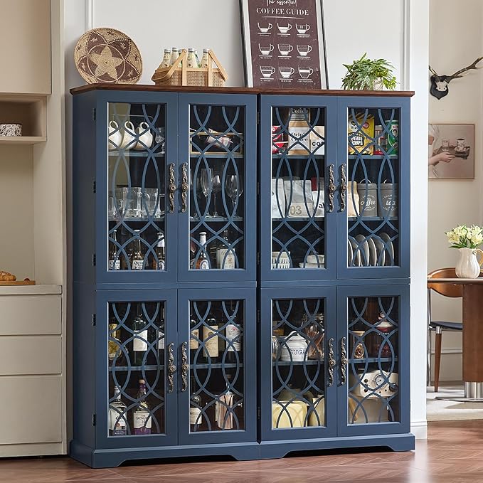67" Tall Bookshelf Set of 3, Vintage Book Shelf with Glass Doors, 5-Tier Wood Bookcase w/Adjustable Storage Shelves, Freestanding Rustic Curio Display Cabinet for Living Room,Office,Navy Blue