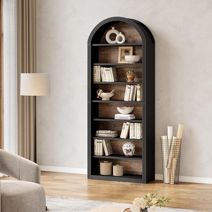 LITTLE TREE 8-Tier Bookcase, 78.7" Tall Bookshelf with Arched Top, Large Freestanding Wooden Open Bookcase Bookshelf, Modern Book Shelf Organizer for Living Room, Bedroom, Office, Library, Black Brown