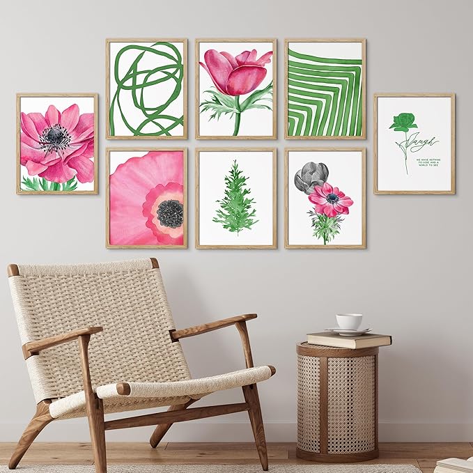 SIGNWIN Framed Poster Bathroom Decor 11"x14"x 8 Natural, Wall Art Room Decor Multicolor for Living Room, Bedroom, Office Pink Daisy Jungle Tropical Botanical Palm Leaf Nature Abstract Shapes
