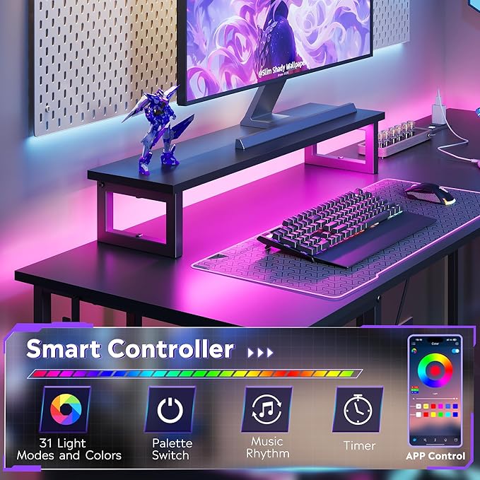 DEVAISE 60 Inch L Shaped Gaming Desk with LED Lights & Power Outlets, Corner Desk for Small Spaces, Sturdy PC Computer Table with Storage for Home Office, Black