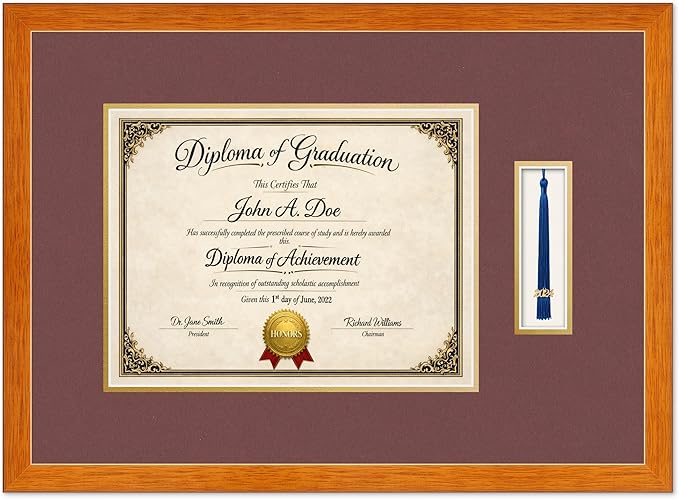 Diploma Frame with Tassel Holder Honey Oak Shadowbox Dark Red Over Gold Mat - Fits 13 x 10 Degree Made in the USA