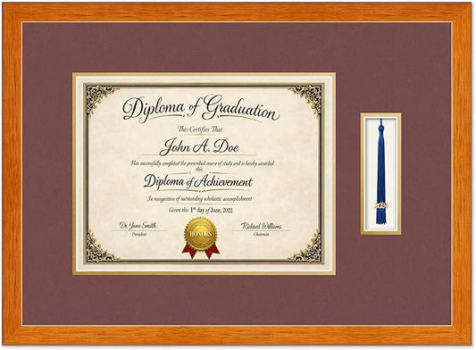 Diploma Frame with Tassel Holder Honey Oak Shadowbox Dark Red Over Gold Mat - Fits 13 x 10 Degree Made in the USA