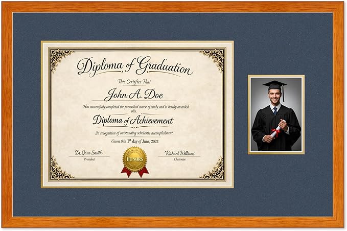 Diploma Frame With Photo Opening Honey Oak Navy Blue Over Gold Mat - Fits 17 x 13 Degree and Picture Made in the USA