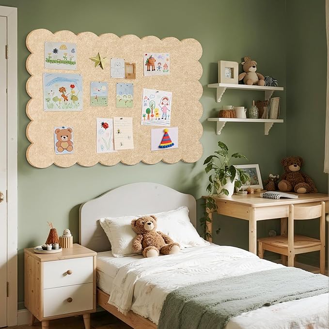 Scalloped Bulletin Board, 48 x 36 Inches Felt Pin Board - Decorative Cork Alternative for Wall, Foldable Picture Self-Adhesive Vision Prayer Board with 20 Pushpins - Beige Brown