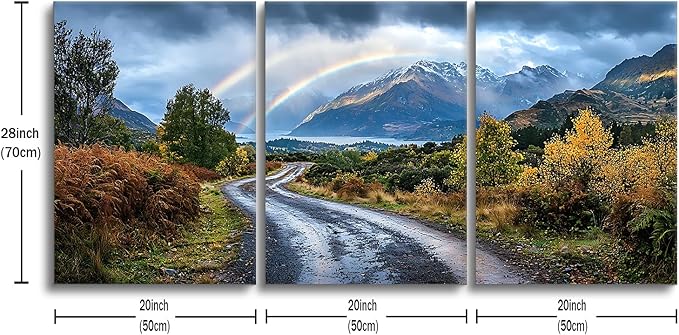 Landscape Canvas Wall Art 3 Pieces Winter Rainbow Forest Defoliation Mountain Picture Print Scenery Theme Poster Painting Artwork for Modern Home Living Room Office Stretched and Framed [72''Wx 36''H]