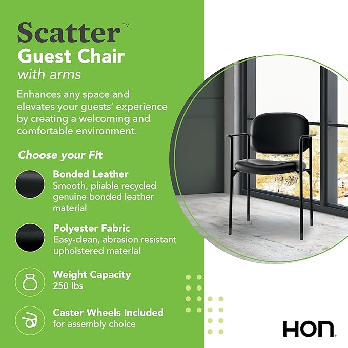 HON Scatter Office Chairs for Guests, Lobby, Offices, Waiting Room Chairs, Fabric Stackable Seating with Arms, Comfy Desk Seating, Black