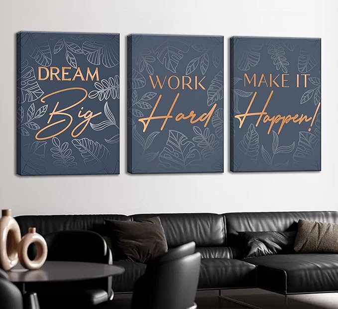 3Pcs Blue Gold Inspirational Office Canvas Wall Art Inspiring Motivational Positive Quote Botanical Paintings Pictures Wall Decor Posters Print Artwork for School Bedroom Living Room Home Decoration