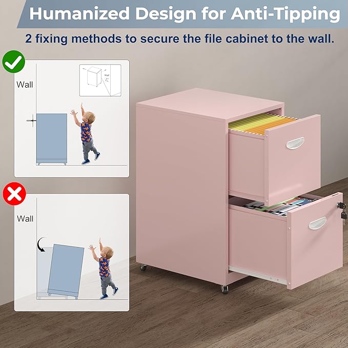 2 Drawer File Cabinet with Lock, Filing Cabinets with Wheels, Rolling File Cabinets for Home Office, Metal Office File Cabinet, for Holding Letters and File Boxes, Assembly Required, Pink