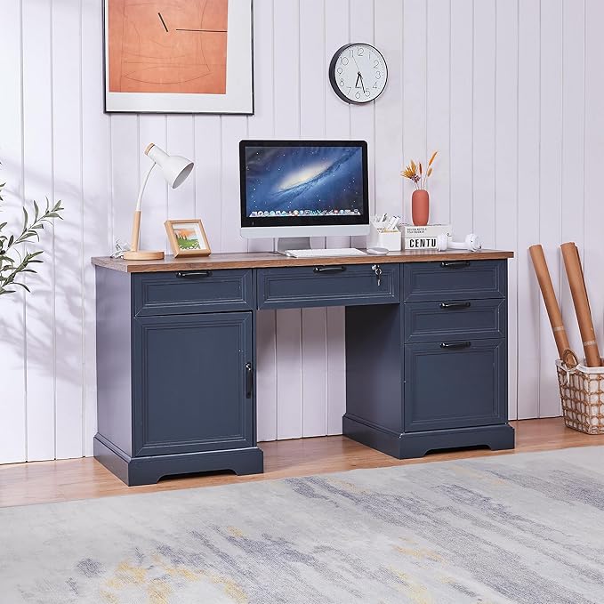60" Farmhouse Executive Desk with Lock,Home Office Desk with Charging Station,Executive Desk with 4 Drawers & 1 Cabinet&1 File Cabinet for Office and Home