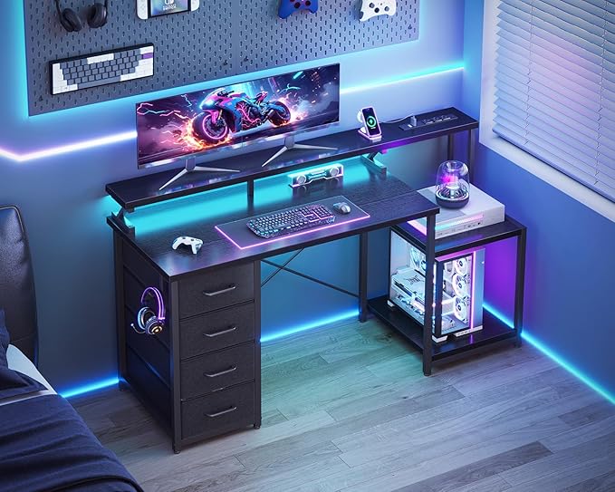 ODK 55 Inch Computer Desk with 4 Drawers, Office Desk with Power Outlets, Printer Shelf & Storage Shelves, Large Writing Study Table for Home, Bedroom, Study or Gaming Setup, Black
