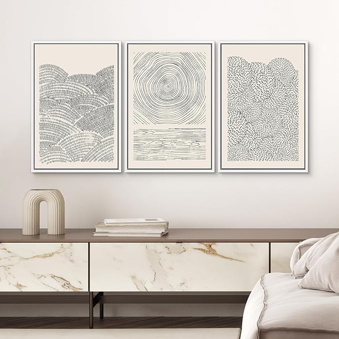 SIGNWIN Framed Canvas Print Wall Art Set Geometric Spiral Ring Wave Pattern Abstract Shapes Cozy Neutral Modern Art Decorative Contemporary Minimal for Living Room, Bedroom, Office - 16"x24"x3 White