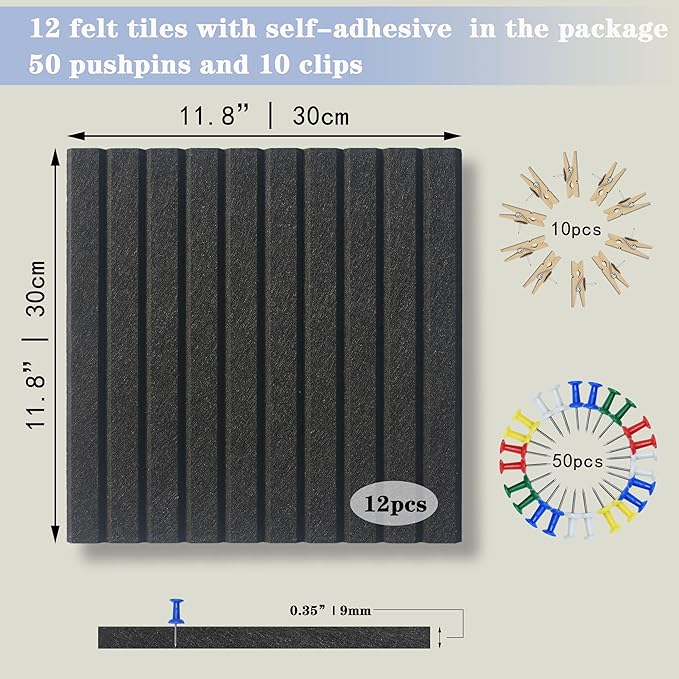 Large Cork Board Alternative-12 Pcs Self-Adhesive Felt Bulletin Board Tiles, Felt Pin Board Cork Board Tiles for Home Office Wall Decor, Tack Board 47"x35" (Black
