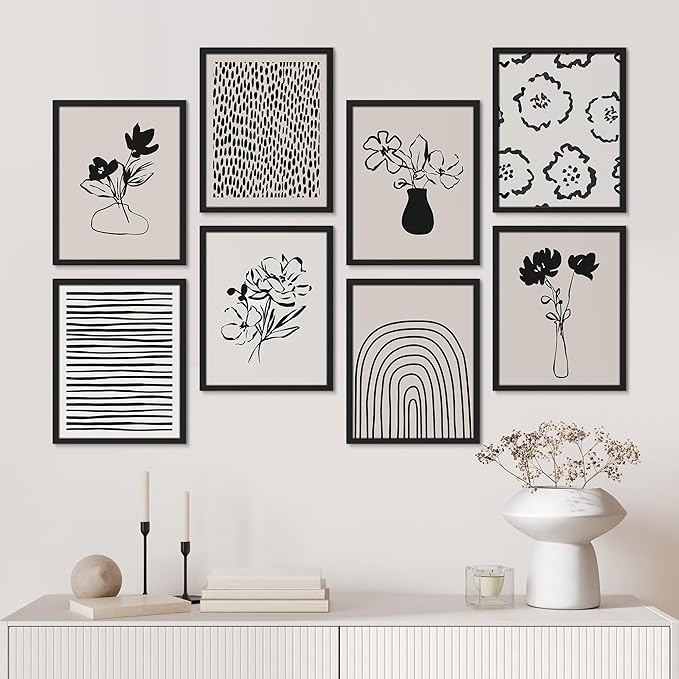 SIGNWIN Framed Poster Bathroom Decor, Wall Art Room Decor Multicolor for Living Room, Bedroom, Office Duotone Black & White Floral Botanical Flower Nature Abstract Shapes - 12"x16"x 8 Black