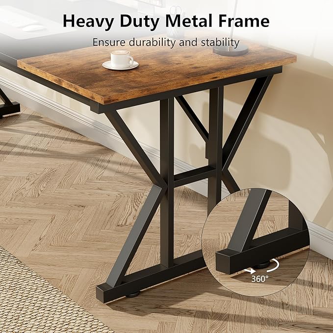 TVU Computer Desk, 55 inch Large Office Desk, Study Writing Table with Thicken Frame, Gaming Desk, Modern Simple Desk for Home Office, Rustic Brown/Black