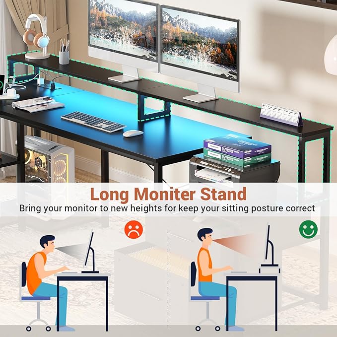 Aheaplus L Shaped Desk with File Drawer, 72.8" Reversible L Shaped Computer Desk with Power Outlet & LED Strip, Gaming Desks with Long Monitor Stand, Corner Office Desks with Storage Shelf, Black