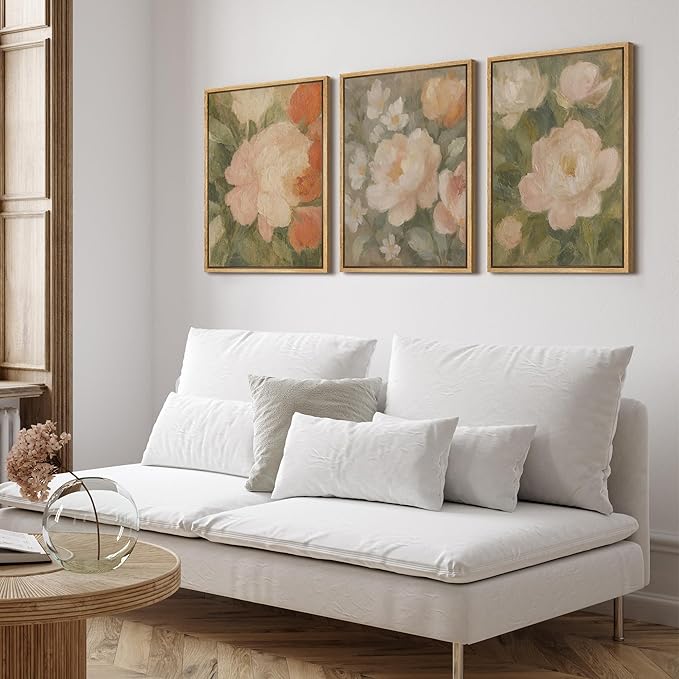 SIGNFORD Framed Wall Art Print Set Soft Pastel Peony Floral Romantic Botanical Digital Art Modern Art Contemporary for Living Room, Bedroom, Office - 16"x24"x3 NATURAL