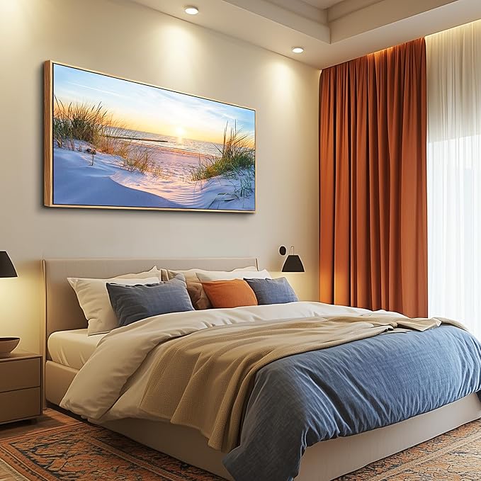 MHARTK66 Canvas Prints Wall Art Beach Sunrise Ocean Waves Beach Grass Nature Pictures Coastal Wall Decor Stretched Canvas Wooden Framed for living Room Bedroom and Office Home Decoration 24"x48"