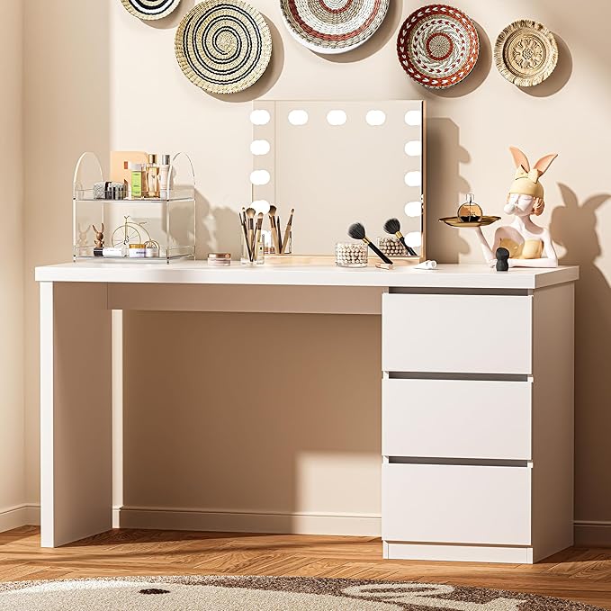 furtble White Desk with Drawers, 63'' W Home Office Computer Desk Gaming Table, Modern Vanity Desk with Storage, Wood Writing Workstation for Bedroom, Living Room, White