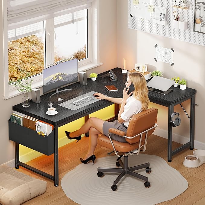 L Shaped Desk Gaming Desk with Power Outlets & 0.95 Inch Thicker Desktop, Computer Desk with Storage Bag, Corner Desk with LED Lights, Reversible Office Desk for Home, Living,Bedroom, Black