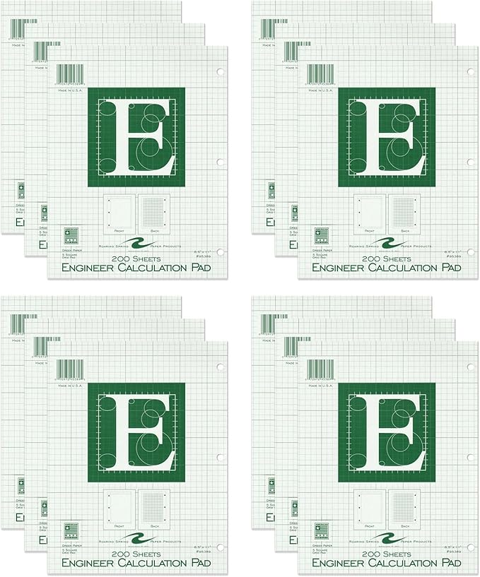 Roaring Spring Engineering Pad, 8.5" x 11", 200 Sheets 15# Green Paper, 5x5 Printed Back Enclosed Grid, Top Glued, 3-Hole Punched, Proudly Made in USA, Heavy Backing Board (Pack of 12)