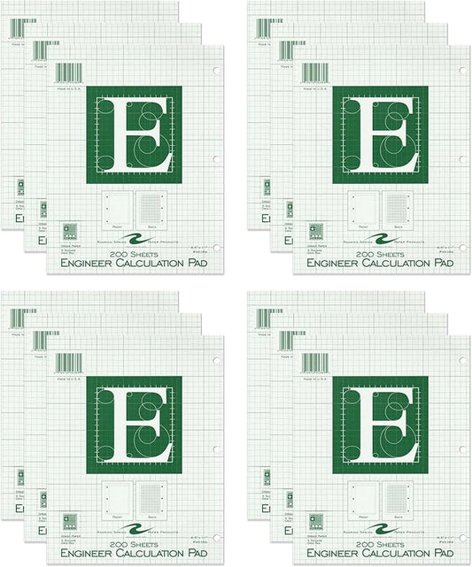 Roaring Spring Engineering Pad, 8.5" x 11", 200 Sheets 15# Green Paper, 5x5 Printed Back Enclosed Grid, Top Glued, 3-Hole Punched, Proudly Made in USA, Heavy Backing Board (Pack of 12)