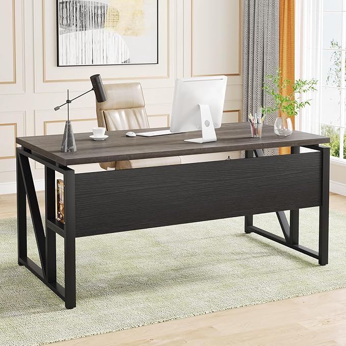Tribesigns 55 inches Computer Desk with Bottom Storage Shelf Home Office Desk Writing Table for Workstation,Dark Walnut + Steel Leg， Cabinet not Included (Grey, 55-inch -with Shelf)