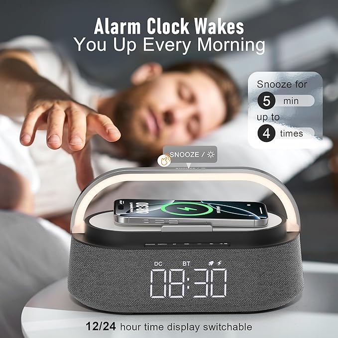 FREEFISH 6 in 1 Bluetooth Speaker with Fast Wireless Charger,FM Radio,Touch LED Night Light,Phone Holder,Snooze,Portable Wireless Speaker for Bedrooms Office Home,Gifts (Black)