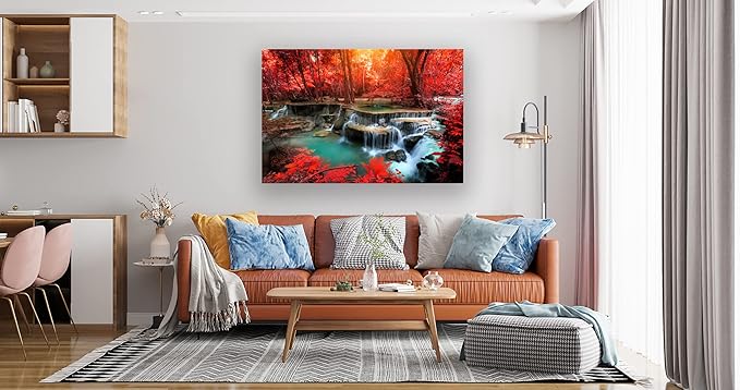 Muolunna BK03969 Wall Art Decor Canvas Print Picture Red Forest Waterfalls 1 Piece Modern Landscape Tree for Living Room Bedroom Kitchen Office Home Decorations Stretched and Framed Ready to Hang