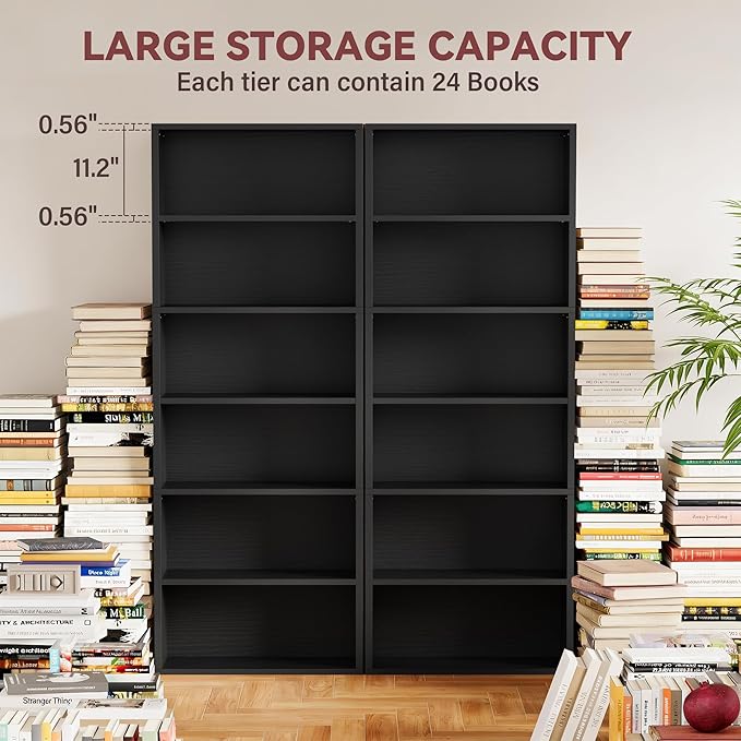 YESHOMY Industrial 6 Tier Bookcase, 71" Tall Black Bookshelves Open Frame, Basic Floor Standing Bookcases & Bookshelf for Home Office, Living Room, Bed Room
