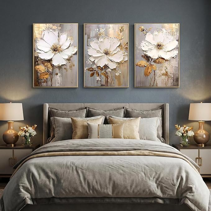 3 Piece Framed Canvas Wall Art for Living Room, Textured White Floral Abstract Oil Painting with Gold Frame, Modern Luxury Flower Wall Decor with Gold Gray Background for Bedroom Office 28x60 inches