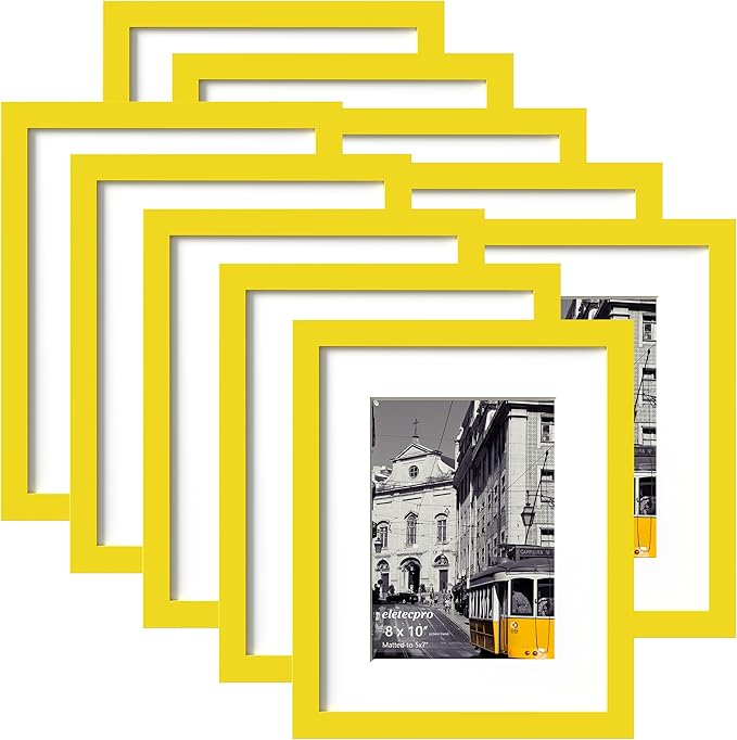 eletecpro 8x10 Picture Frames Set of 10, Picture Frame Collage Wall Decor Display 5x7 Photo With Mat or 8x10 without Mat, Home Decor Gallery Frame for Table Top or Wall Mounting, Yellow
