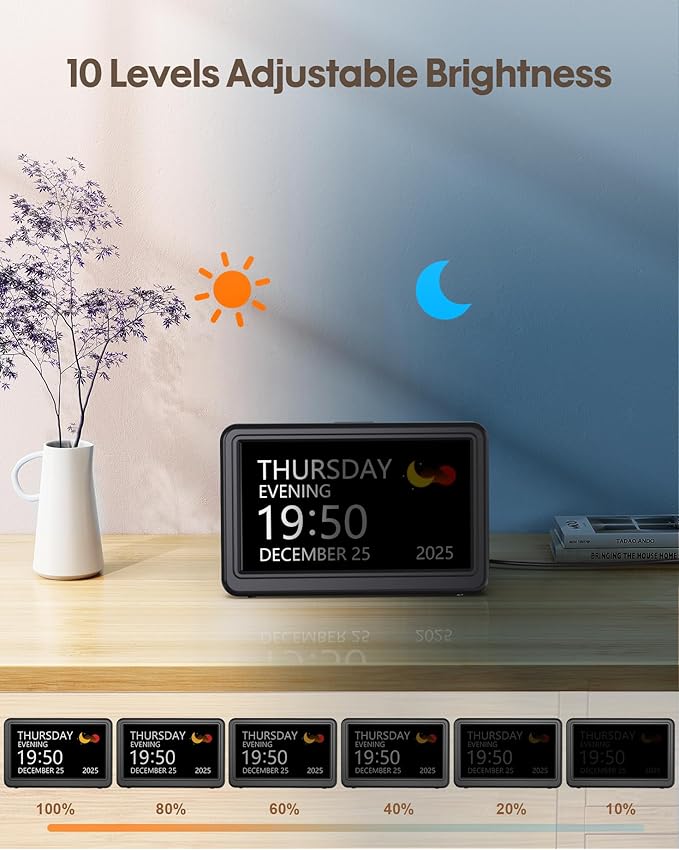 Clock with Day and Date for Elderly, 7" Large Display Digital Calendar Day Clock with 20 Custom Alarms and Medicine Reminders, Dimmable Dementia Alzheimers Clocks for Seniors, Black (Ac Powered)