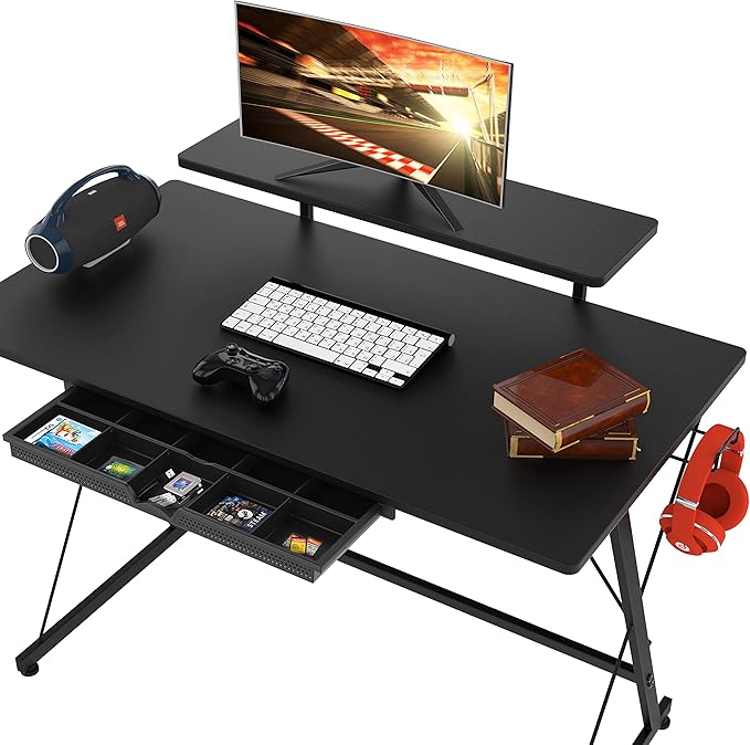 SHW 40-Inch Gaming Desk with Monitor Riser, Drawer and Hooks, Black