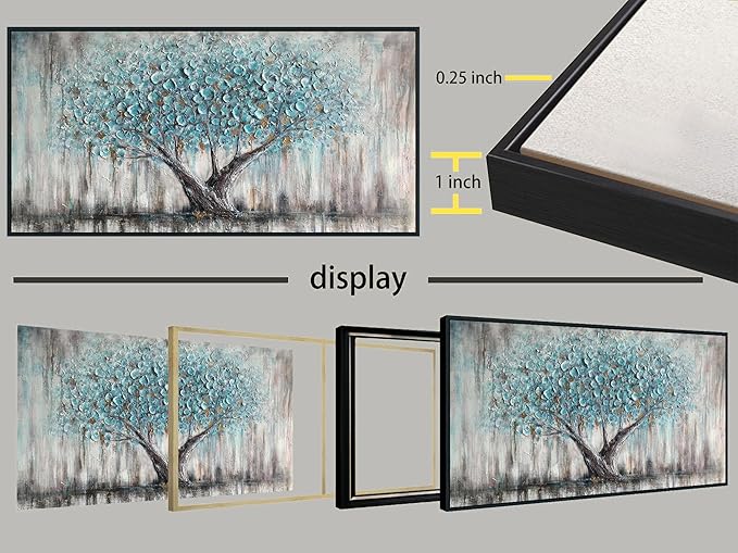Arjun Framed Blue Tree Canvas Wall Art for Living Room Tree of Life Abstract Bedroom Textured Painting, Nature Picture Landscape Artwork Home Office Decor, Black Wood Large 40"x20"