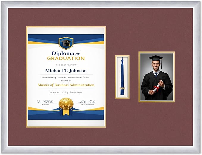 Diploma Tassel and Photo Frame Stainless Silver Shadowbox Dark Red Over Gold Mat - Fits 11 x 14 Degree Picture Made in the USA