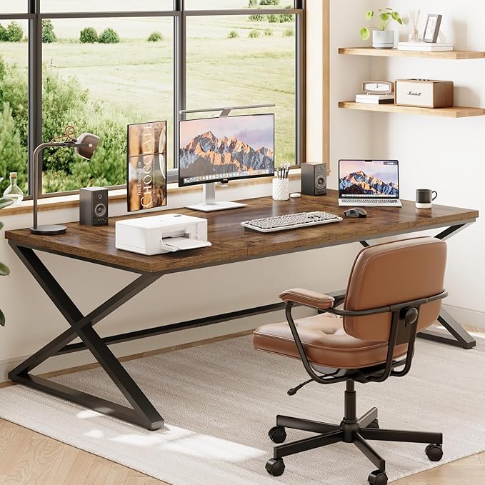IBF Rustic Large Desk for Home Office, 78.7" Extra Long Computer Desk, Wood Metal Wide Work Desk for Study Writing, Farmhouse Dual Monitor Workstation Gaming Desk Computer Table, Rustic Brown