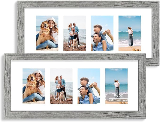 8x20 Picture Frame Set of 2, Rustic Gray Wood Frame with Tempered Glass Collage Frame, Display Pictures Four 4x6 With Mat or 8 x 20 Without Mat - Horizontal or Vertical Wall Mounting