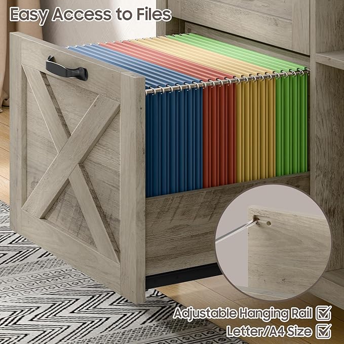Farmhouse File Cabinet with Doors, Lateral Filing Cabinet with 2 Drawers for Letter/A4 Size Hanging Files, Large Wooden Printer Stand with Open Shelf for Home Office, Rustic Grey