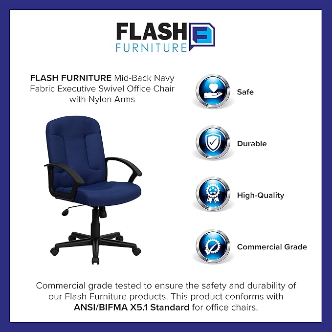 Flash Furniture Garver Mid-Back Navy Fabric Executive Swivel Office Chair with Nylon Arms